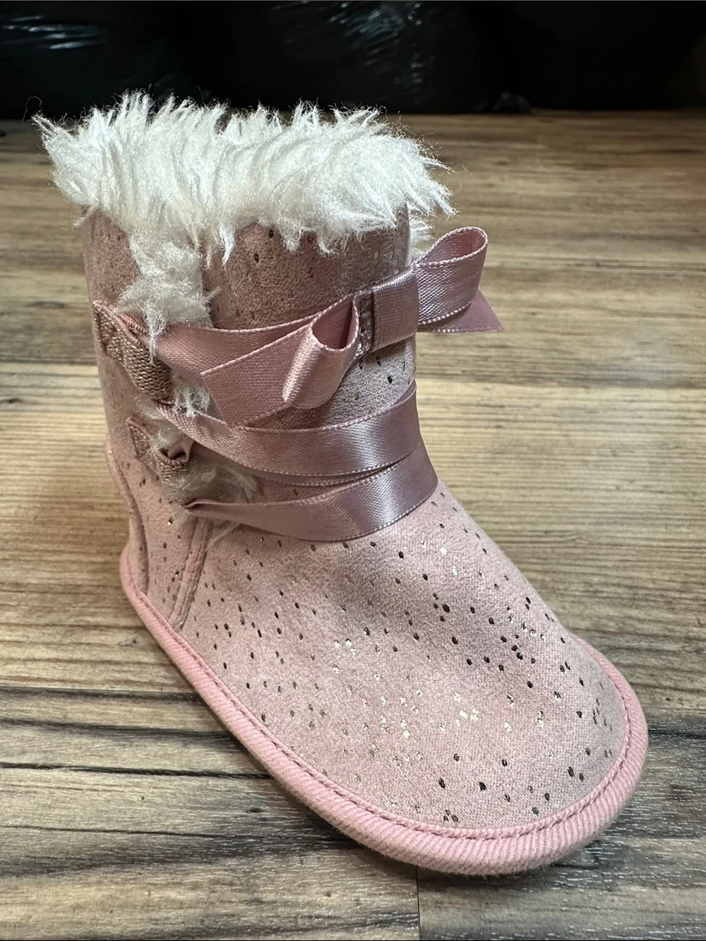 Baby Pink Faux-Fur Lined Booties with Satin Ribbon